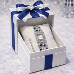 Womens Silver Tone Rhinestone Blue Crystal Square Dial Quartz Bracelet Watch‎